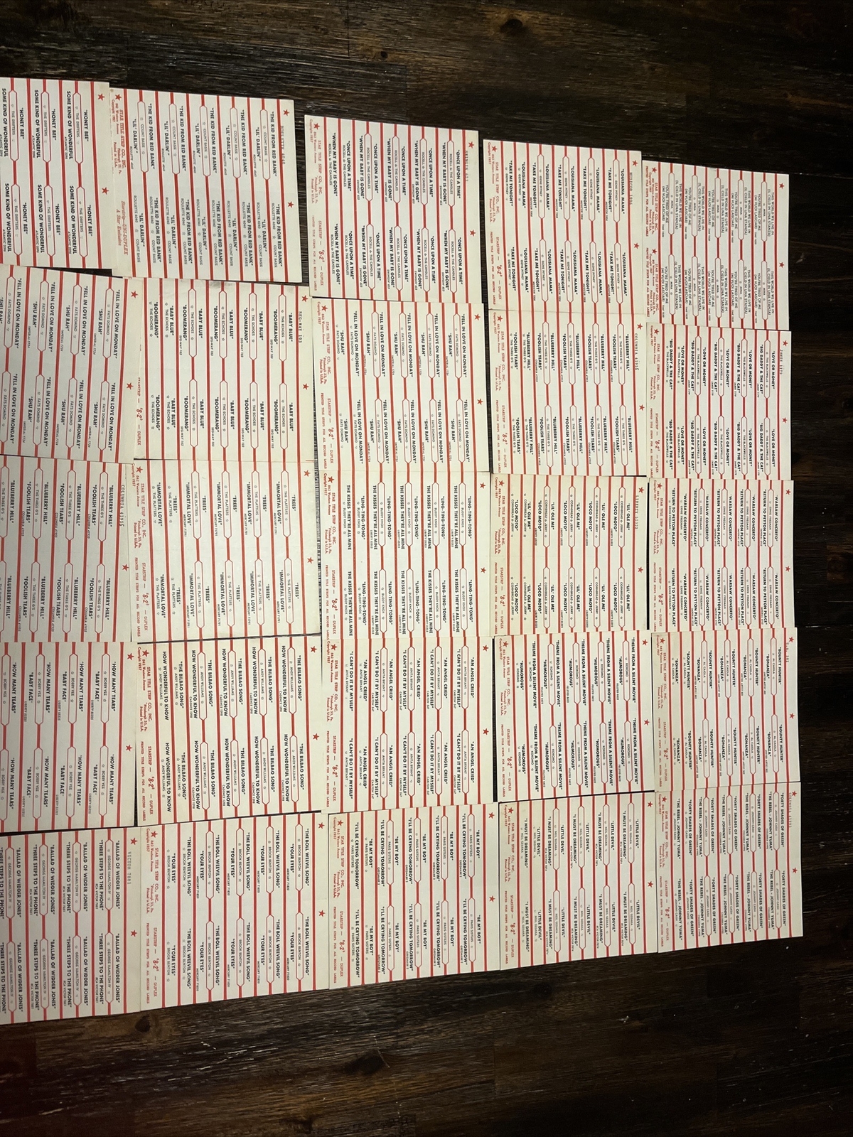 LARGE LOT OF 250 ORIGINAL JUKEBOX RECORD TITLE STRIPS - 25 Sheets Of 10 #454