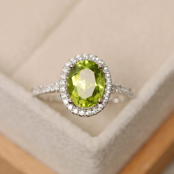 2.30 Ct Oval Cut Natural Peridot Diamond Engagement Ring 14K White Gold Size 7
