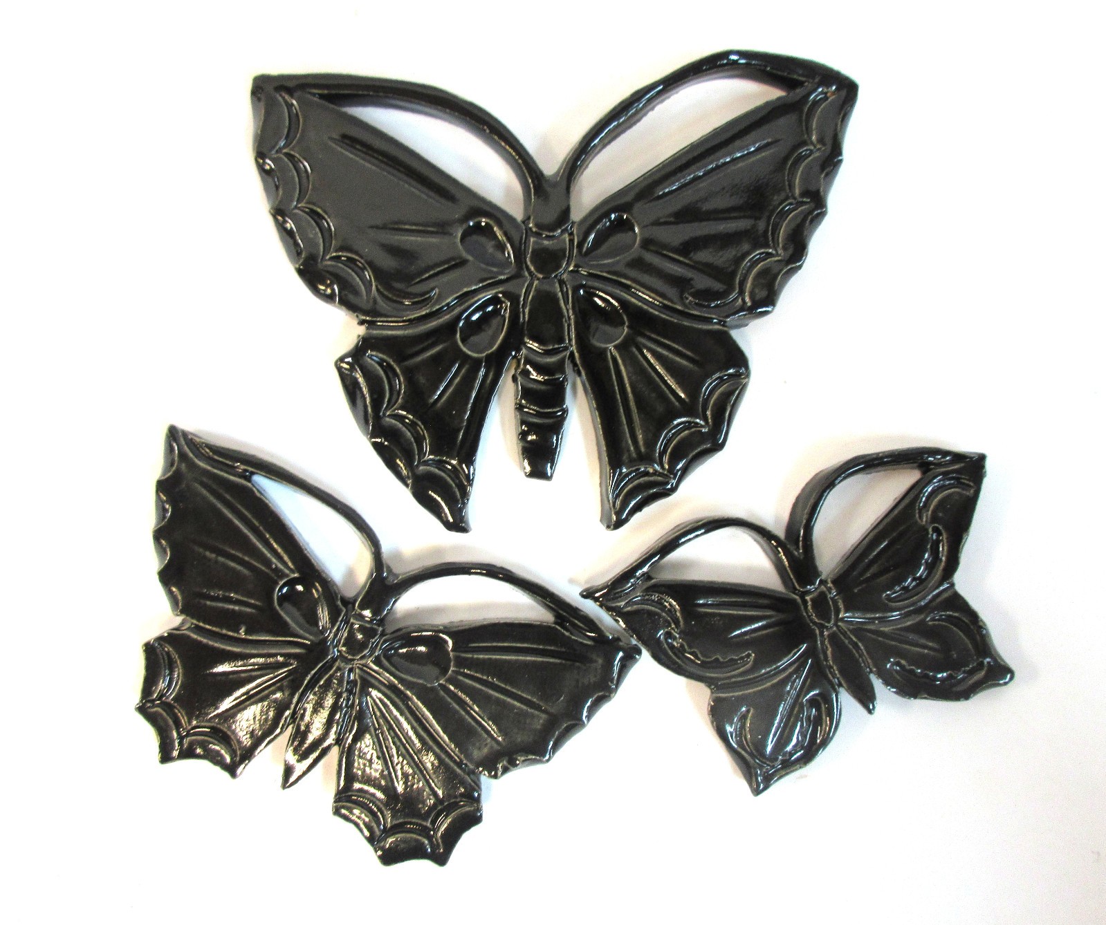 BUTTERFLY Tiles, Handmade Ceramic Mosaic Craft Tiles, Black Wall Decor, Set of 3