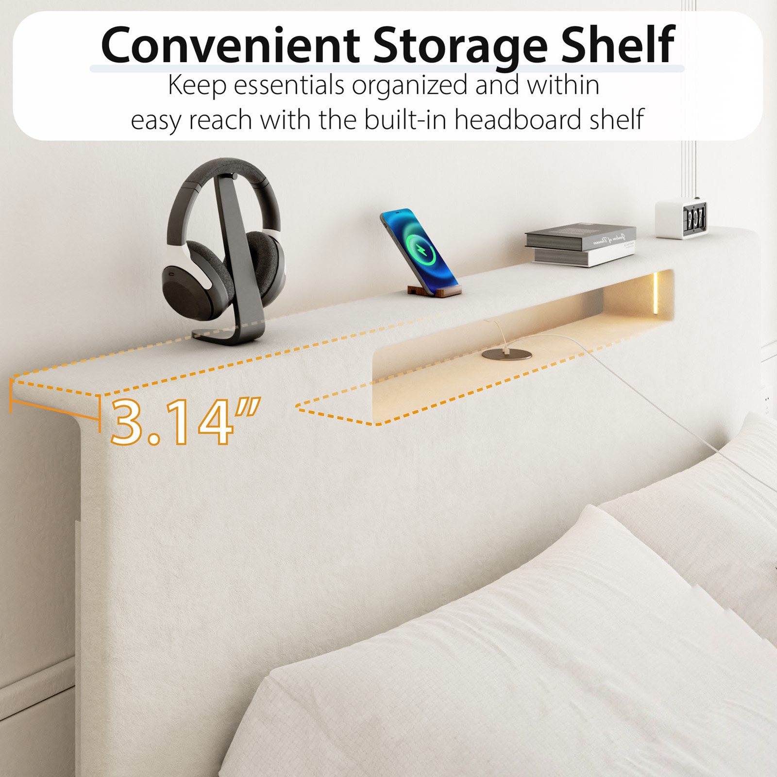 Upholstered Platform Bed Large Size Frame With LED Light And Charging Function