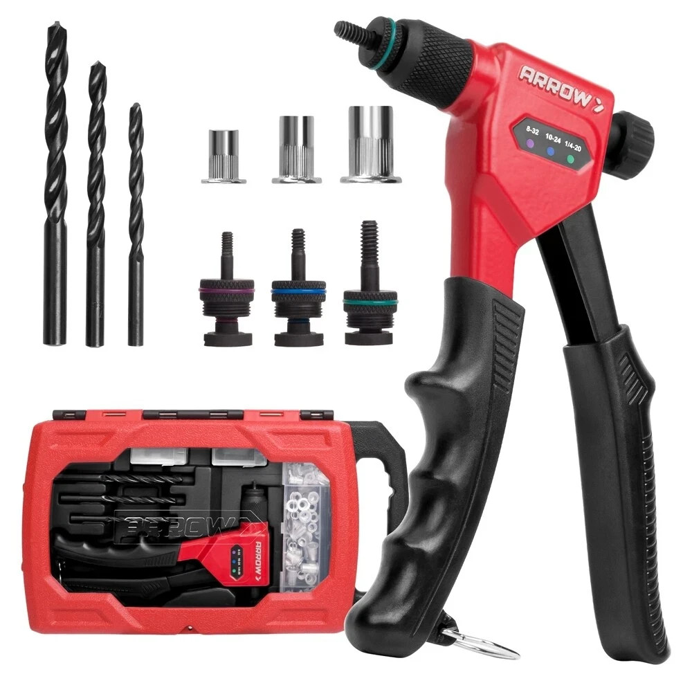 Arrow 8" Rivet Nut Gun Kit Rivet Nut with 3PC Mandrels 75PCS Rivnuts 3PCS Drills