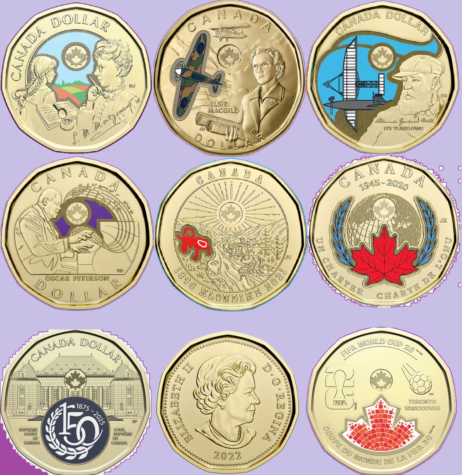 Full Set of Eight 2020- 2026 Canada Colored Loonies One Dollar $1 Coins Mint UNC