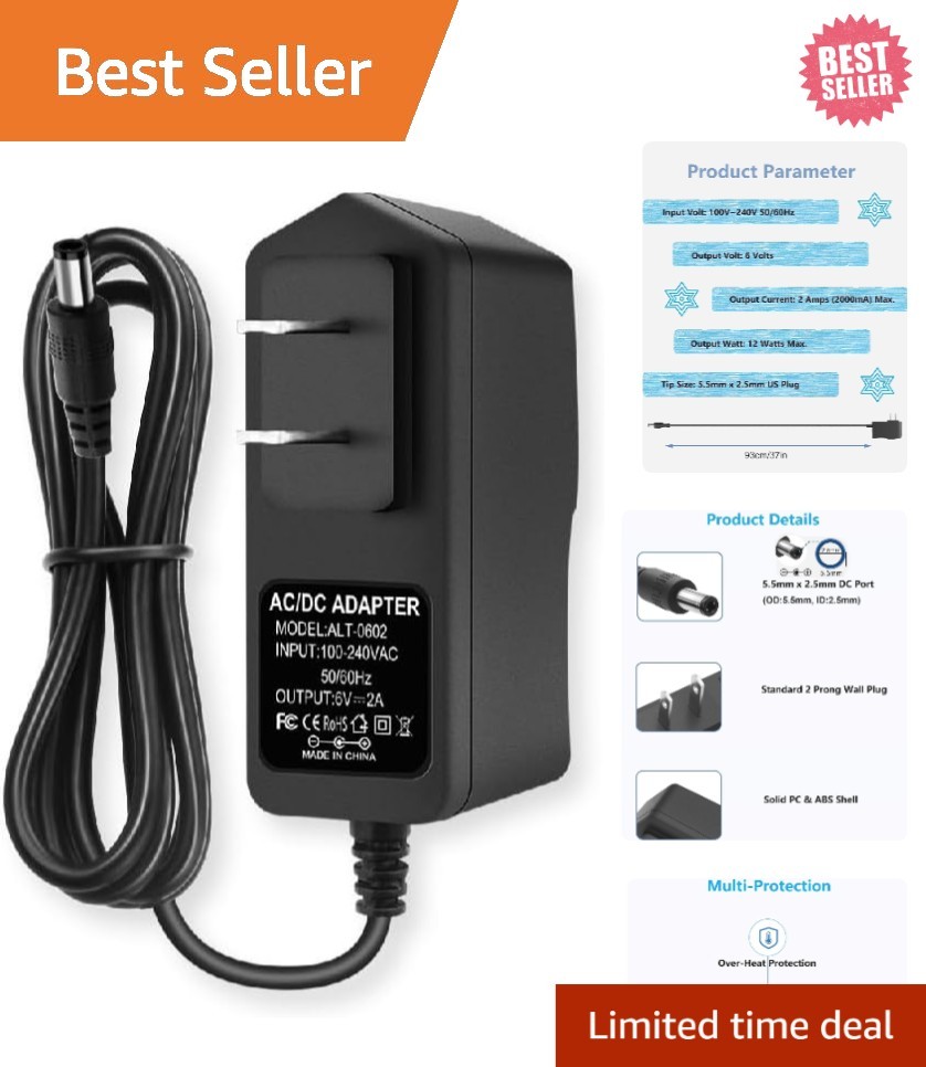 6V 2A Universal AC Adapter with Short Circuit Protection for Cameras & Speakers