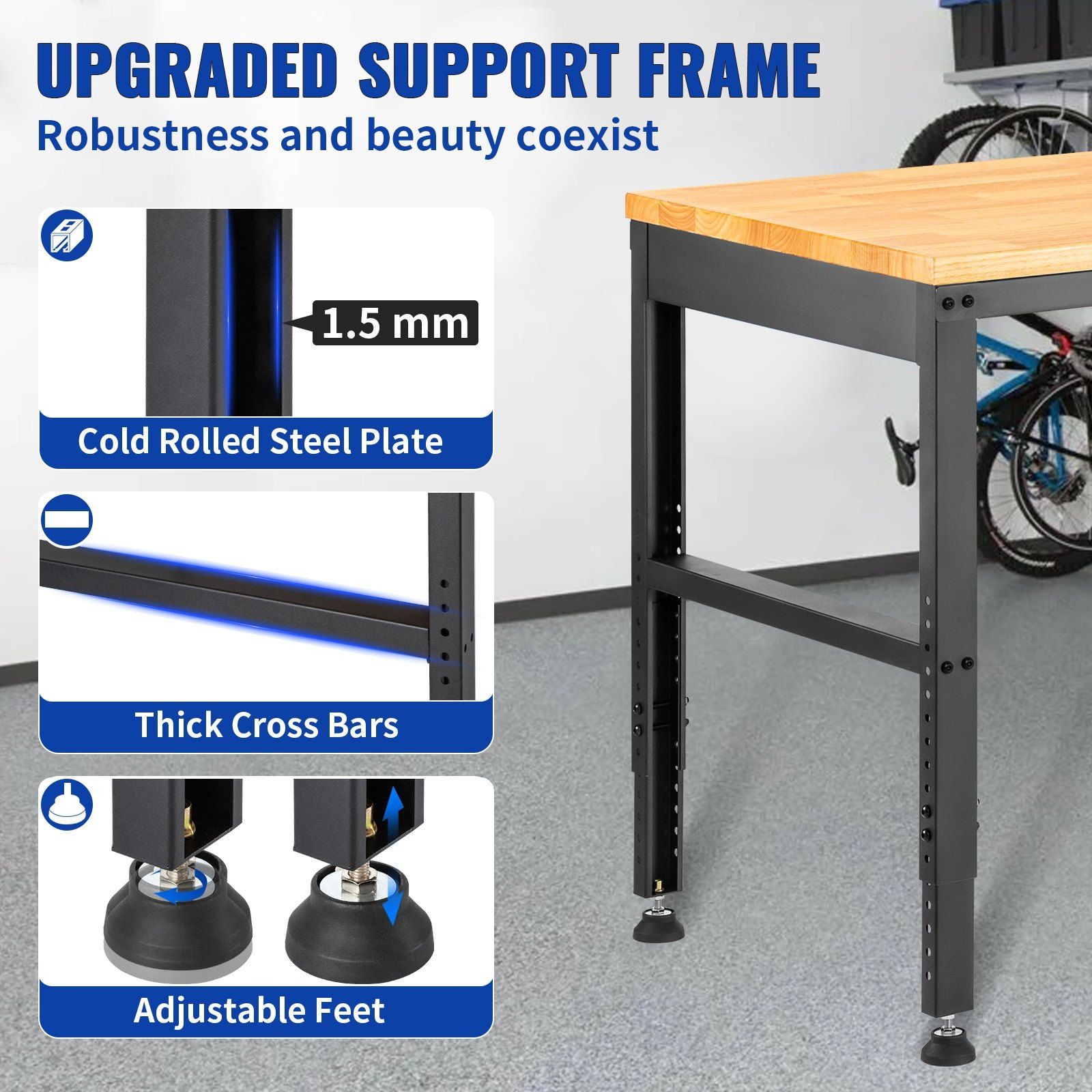 48" Workbench 2000LBS Capacity Adjustable Height w/ Power Outlets Hardwood Top