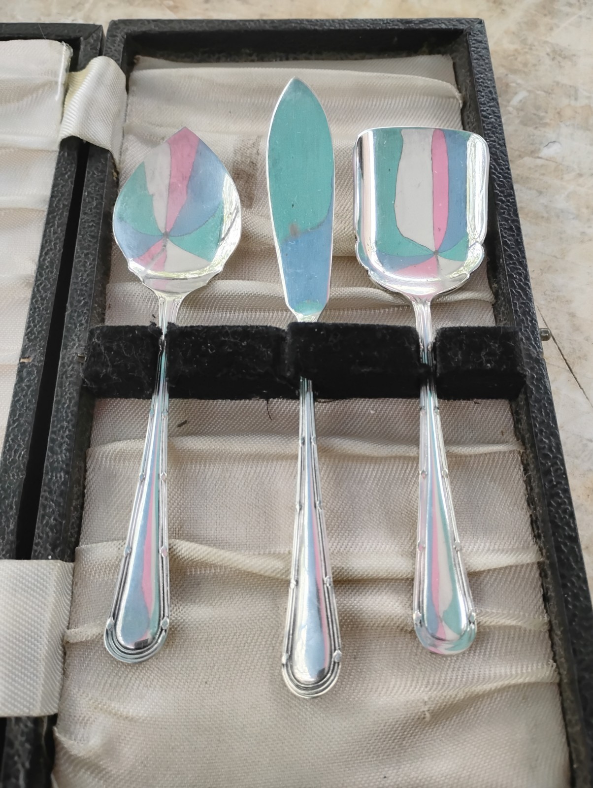 Sweet Antique 19th C Silver Plated 3-pc Dessert Serving Set Storage Case