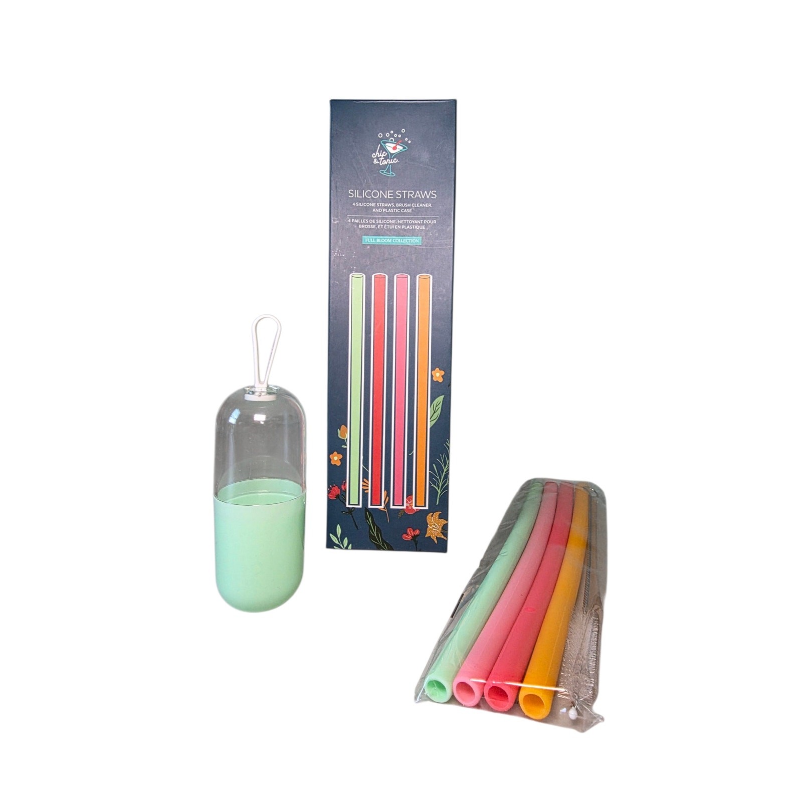 Chic & Tonic Silicone Reusable Straw Set (4) w/ Case & Cleaner | NEW | FREE SHIP