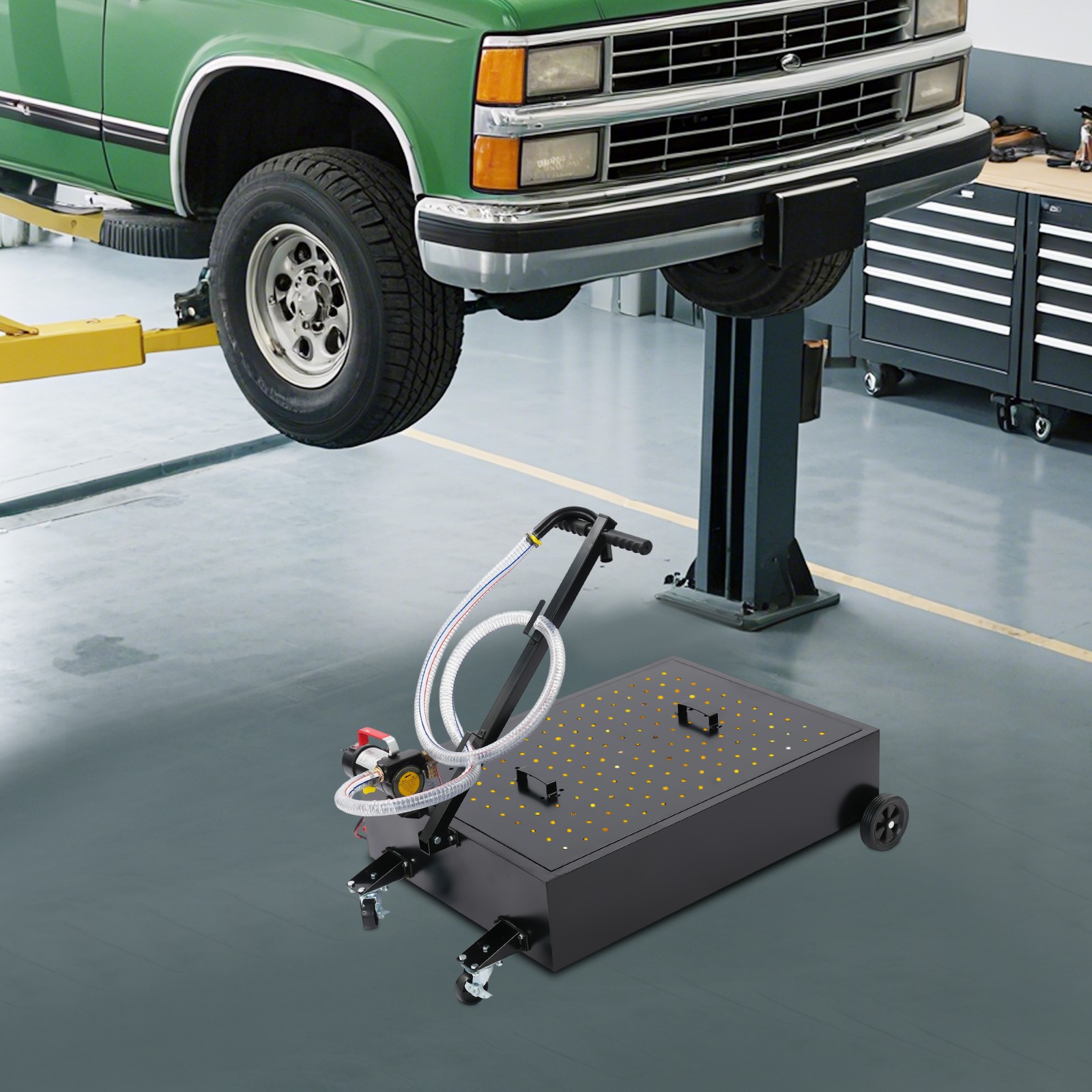 94.64L/25 Gallon Oil Drain Pan Oil Drain Cart Collect Waste Fluid Pan W/ Pump