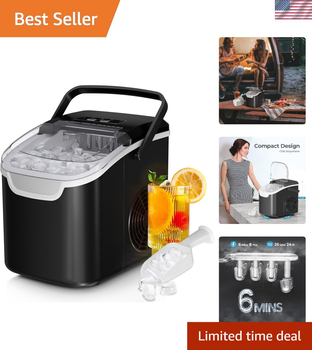 Versatile Ice Maker with Basket & Scoop - 26 lbs Daily, Ideal for BBQs, Black