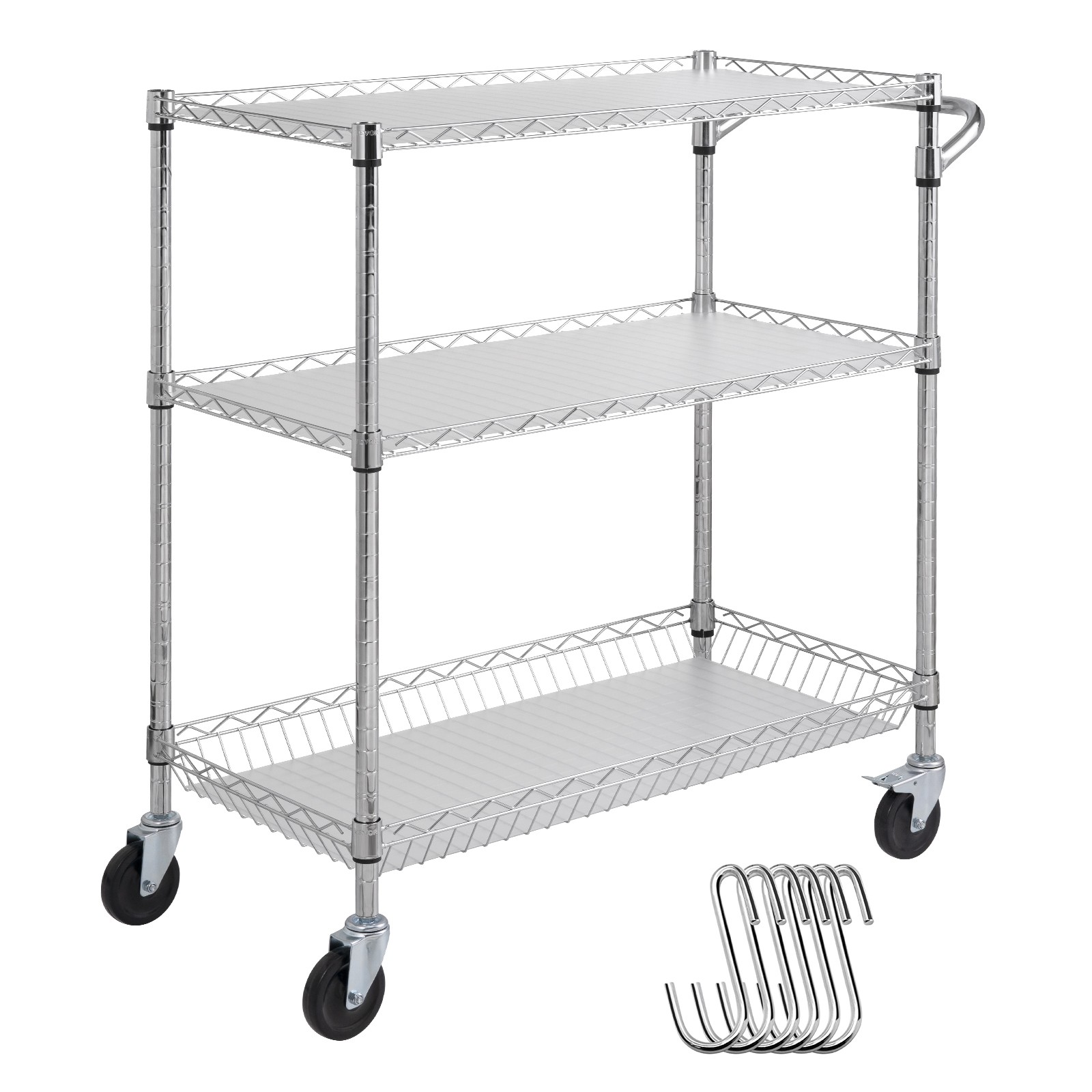 3-Tier Utility Cart Rolling Cart on Wheels 35"x18"x40.9" 661 LBS 6 Hooks
