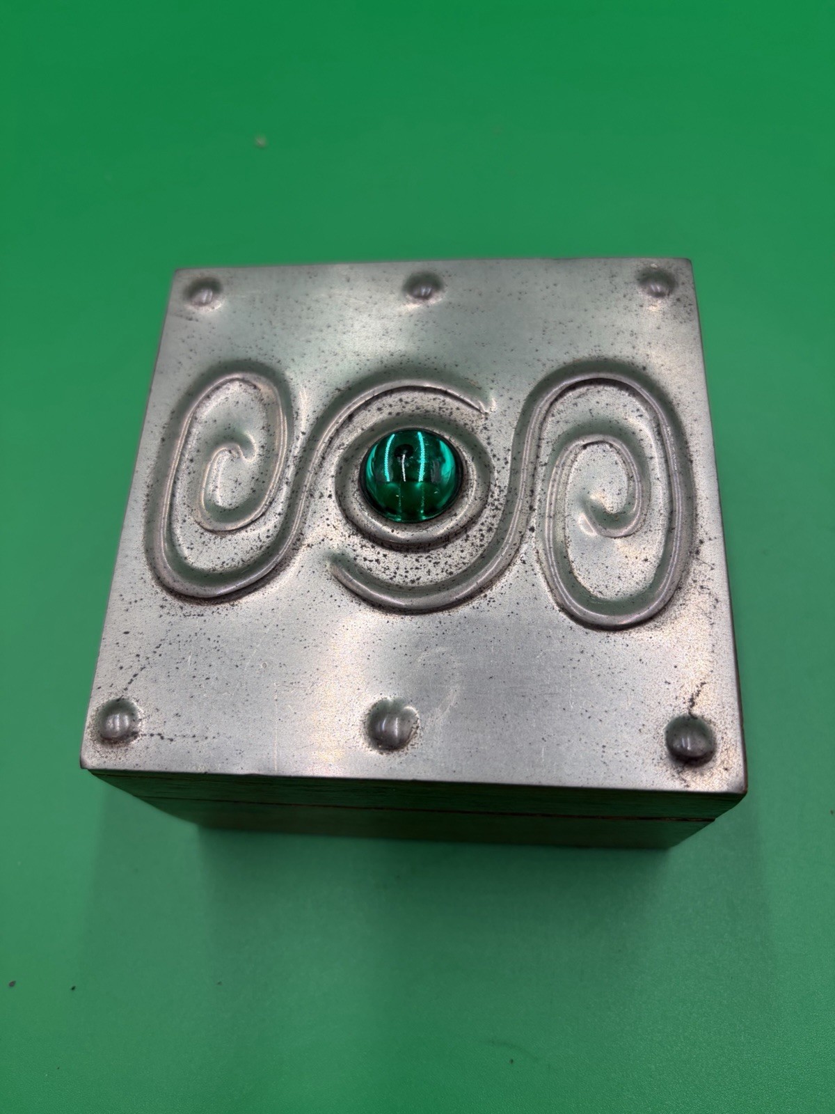 Decorative Silver Box With Teal Gem Cover, 4” X 2 1/2”