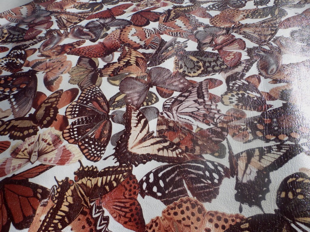 Goatskin leather hide Multicolored Earth Tones Butterflies print on White