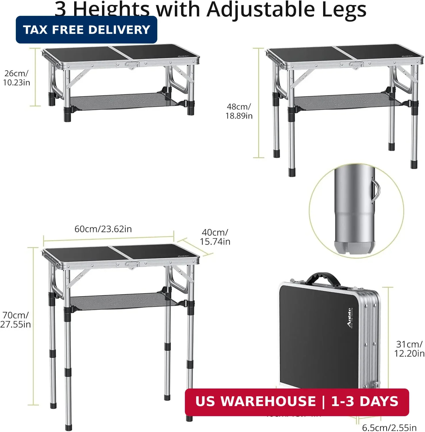 Anbte Folding Camping Table, Aluminum 24" x 16" Adjustable Height Small Folding