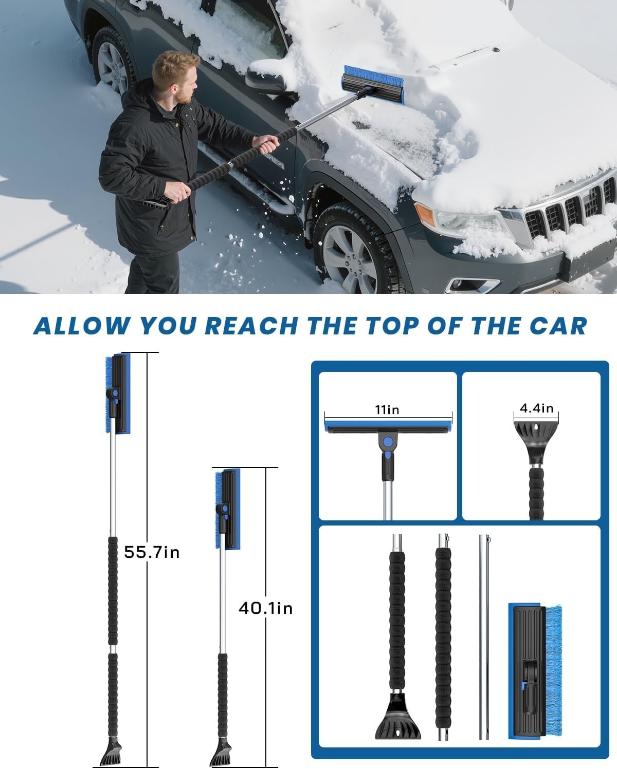 Extra Long Detachable Ice Scraper with Anti-Scratch Brush for Windshields
