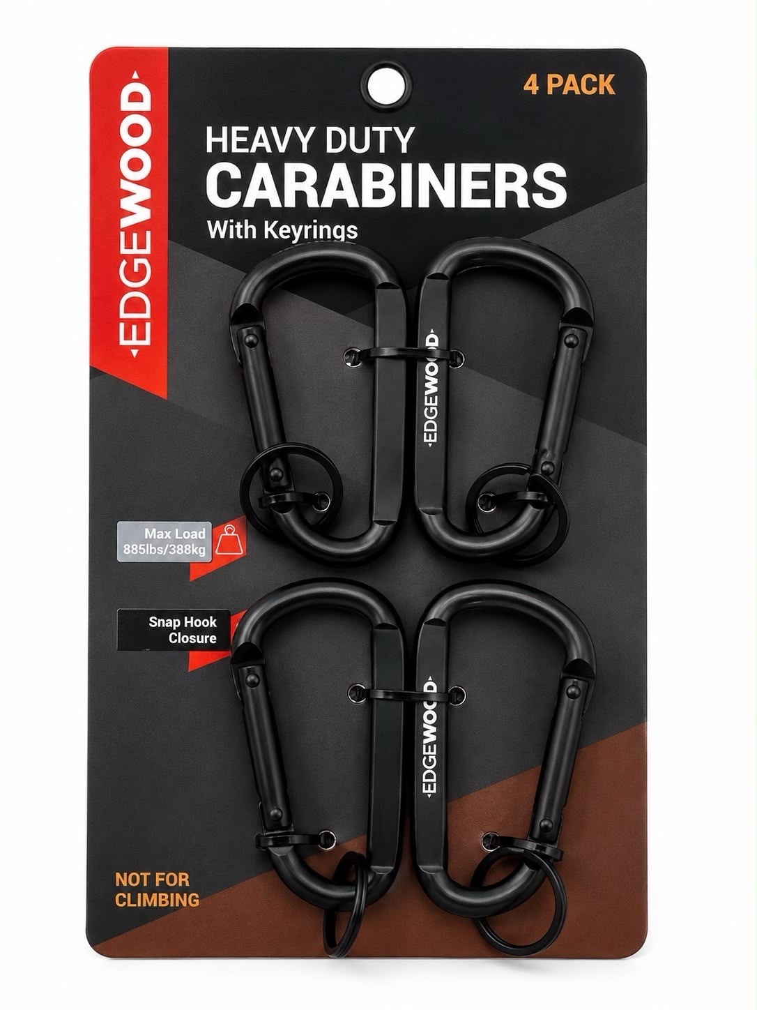 Edgewood Heavy Duty Carabiners 4 Pack w Keyrings Black Snap Hook Clips