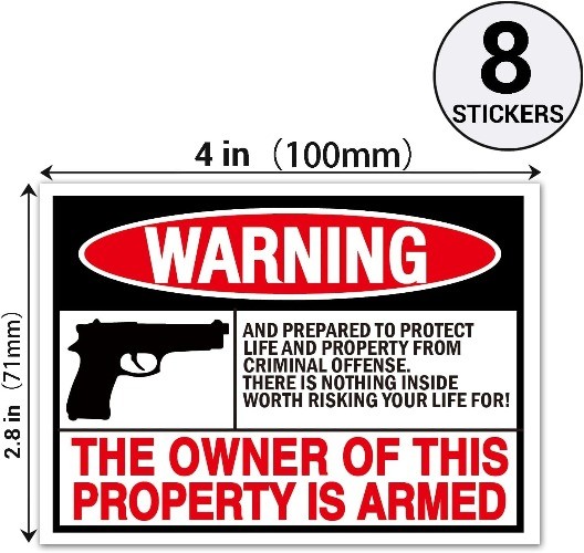 Second Amendment Handgun Warning Security Sticker Decal, 8-Pack, 4x3 Inch Self-A
