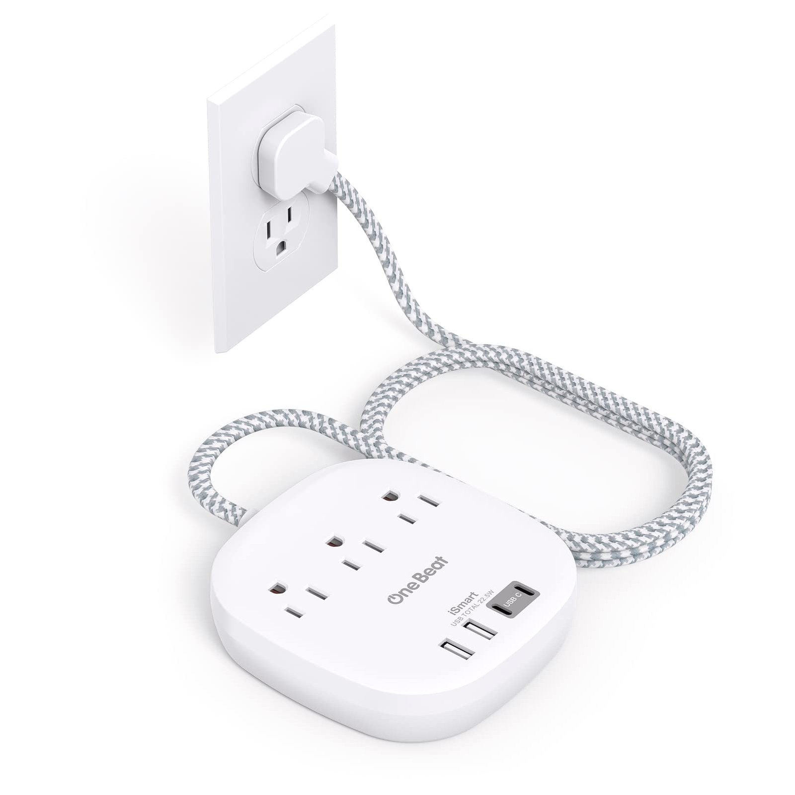 Travel Essentials, 22.5W/4.5A Flat Plug Power Strip, 6 Ft, White