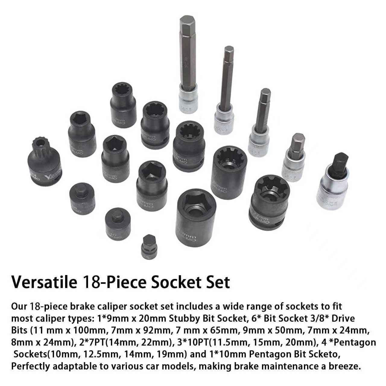 Yuesstloo 18PCS Brake Caliper Socket Set Kit, Adjusting Tools, 18pcs