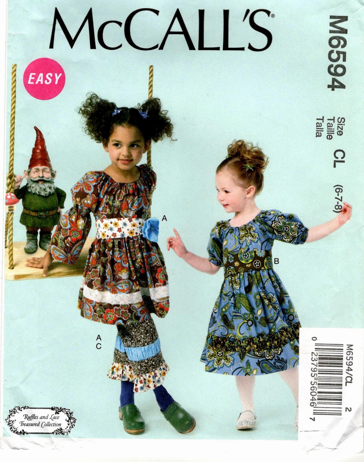 McCalls M6594 Dress Belt Pants Girls Ruffles & Lace Sewing Pattern 6 7 8 Uncut