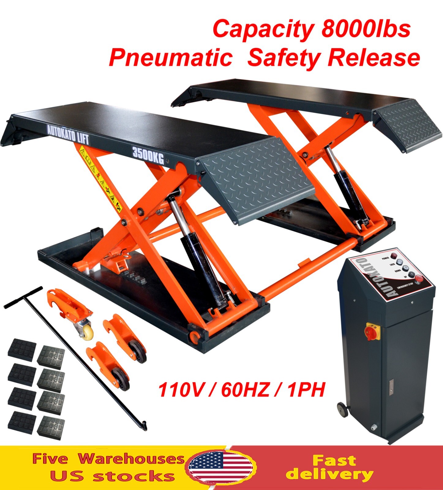 Autokato  Mid Rise Scissor Lift 8000lbs Penumatic Release Auto Lift 110V/1PH