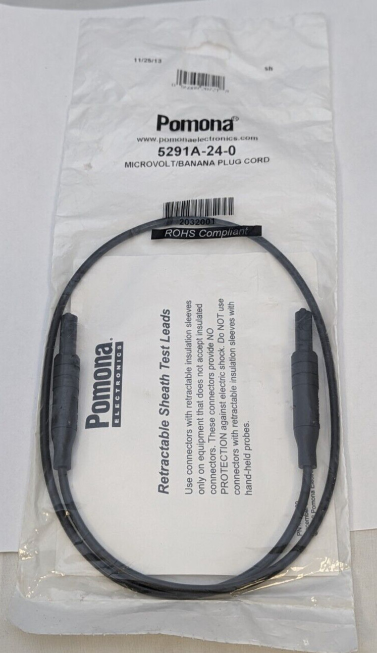 Pomona 5291A-24-0 MICROVOLT Banana Plug Patch Cord, BLACK, 24INCH.