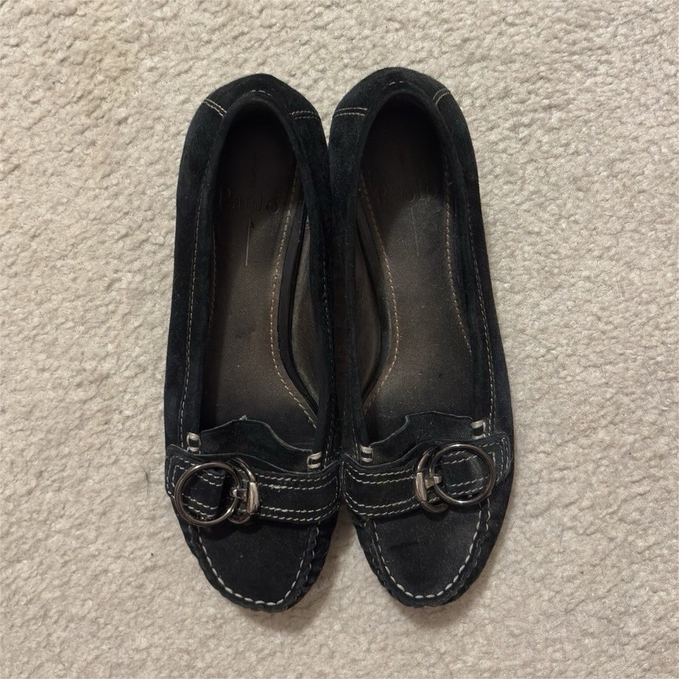 Paolo Black Suede Buckle Comfort Loafer Flats for Women Slip On Round Toe