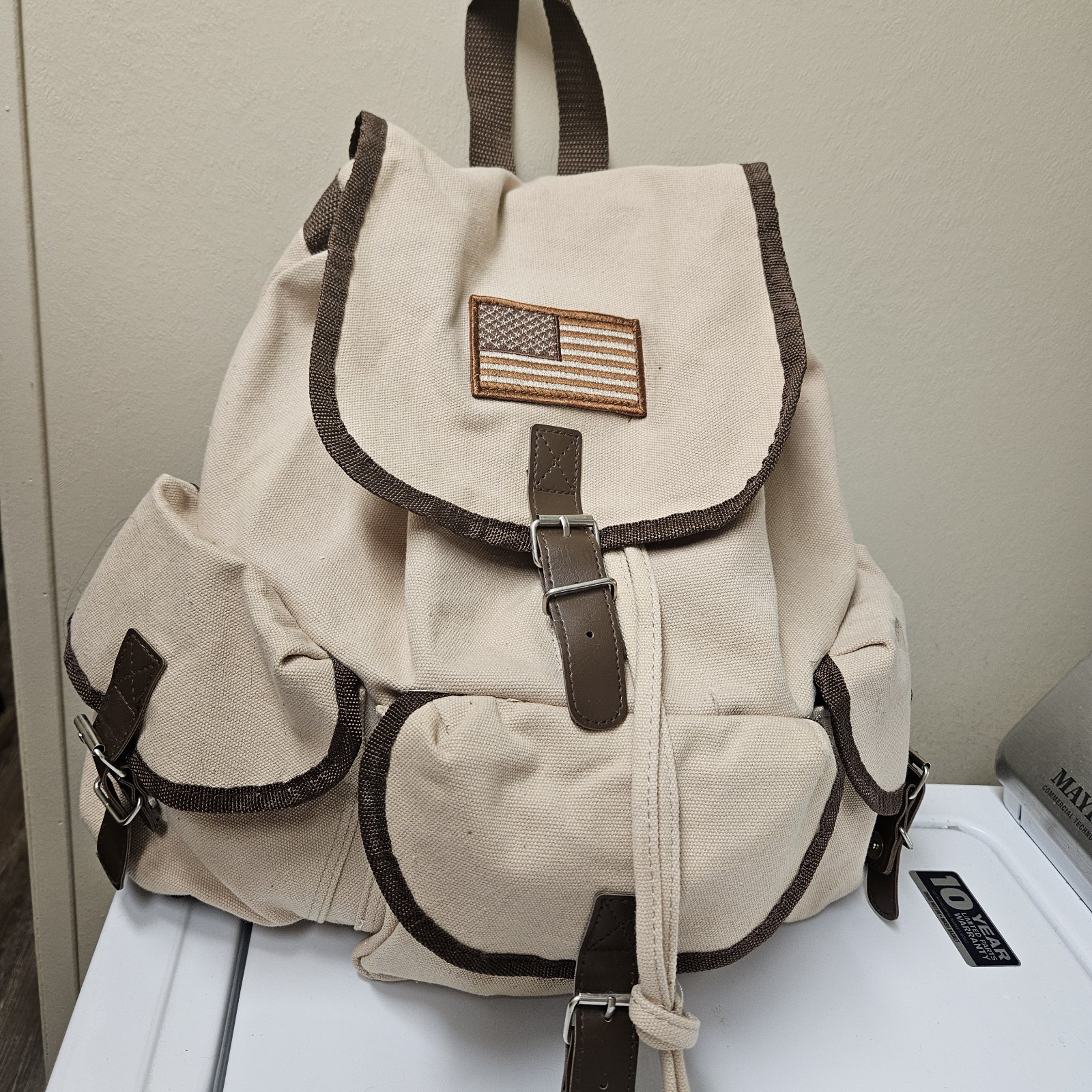 Large Backpack American Flag Patch Work School Travel Bag Tote Canvas Military