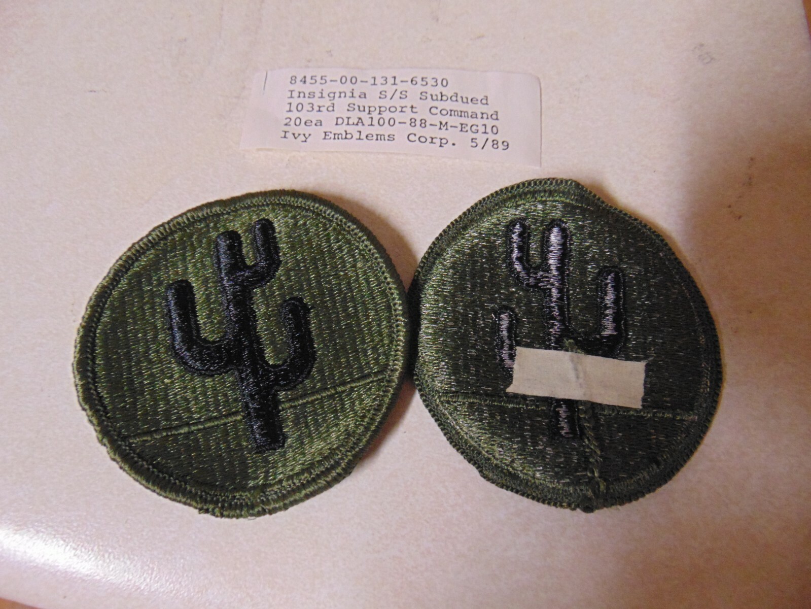 MILITARY PATCH US ARMY SEW ON OD GREEN SUBDUED 103RD SUPPORT COMMAND