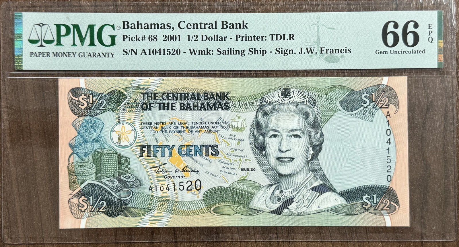 Bahamas 1/2 Dollar TDLR 2001 P68 QEII Banknote S/NA104152 PMG 66 EPQ BEST SELLER