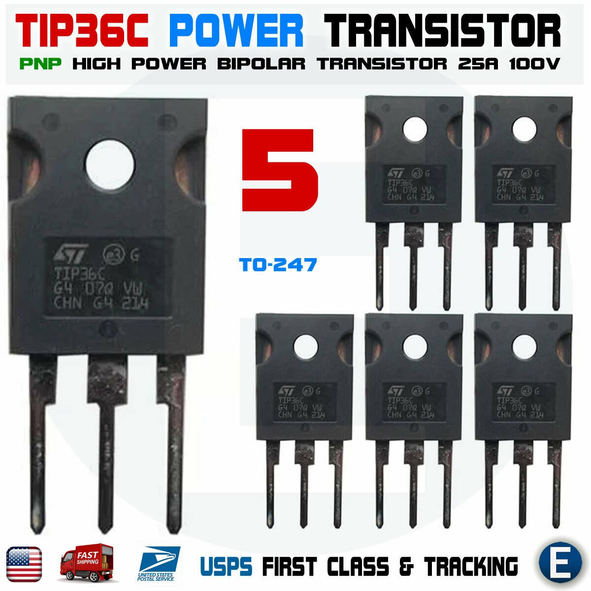 5pcs TIP36C TIP36 Power Transistor 25A 100V PNP bipolar to-247 USA