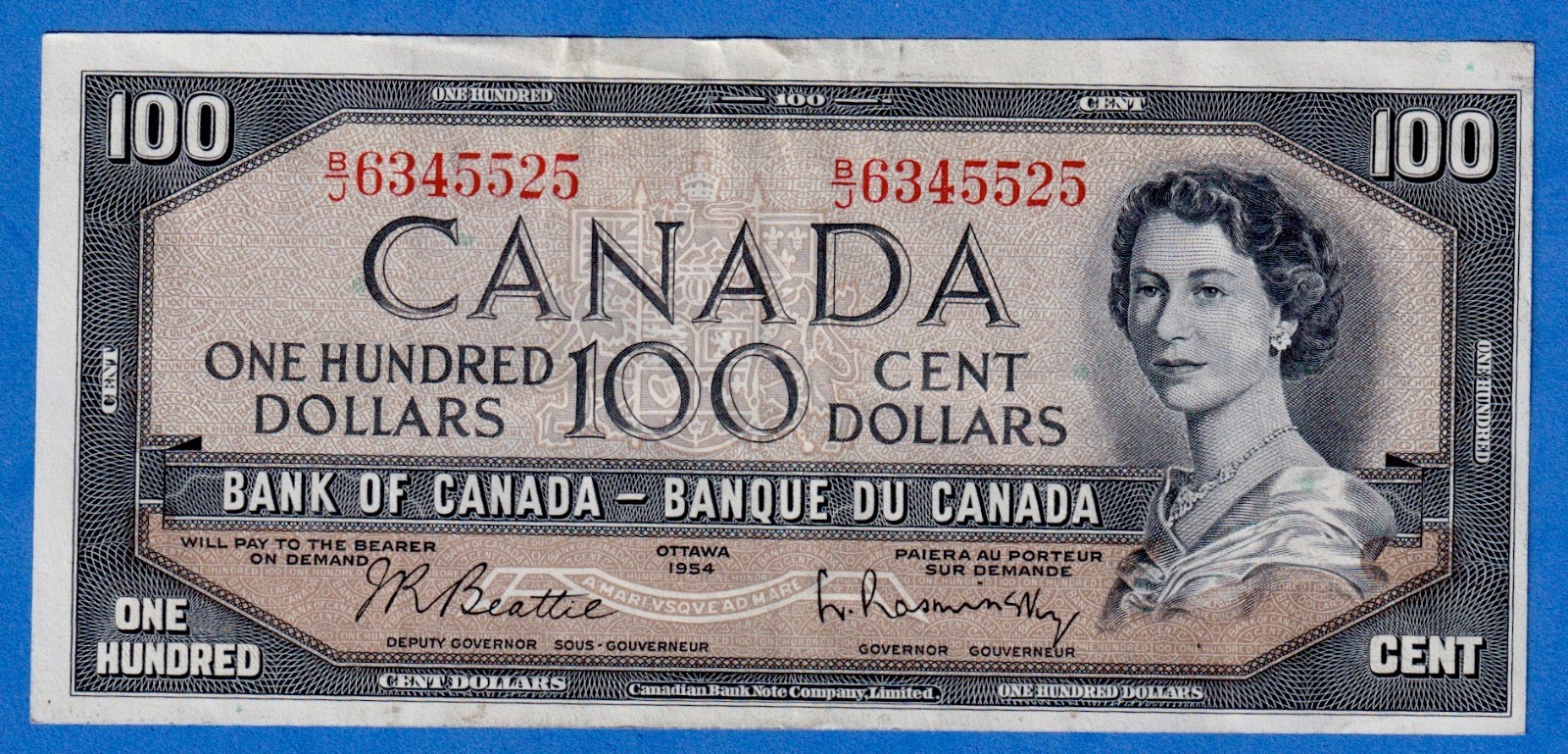 Canada $100 1954 BC-43b / P-82b - QE II - Circulated Note B/J 6345525