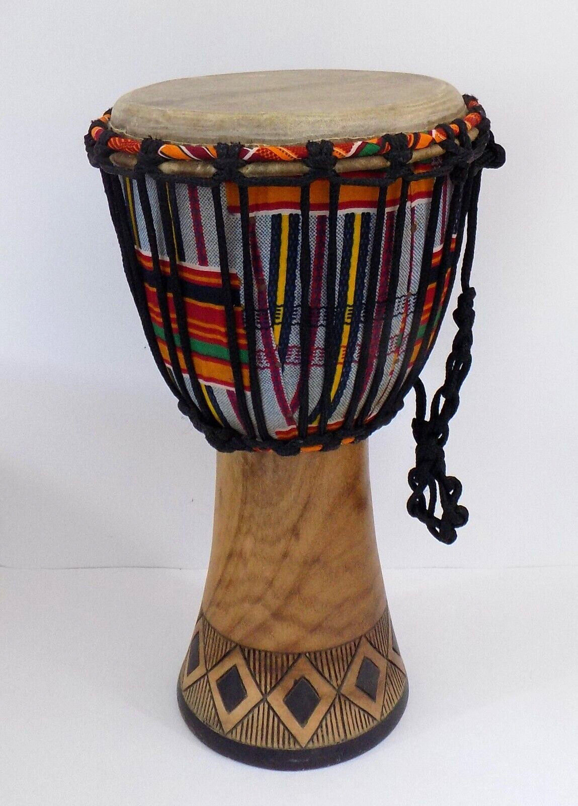 African Tribal Djembe Drum Kente Cloth ~8" Diameter x 16.5" Tall with Cover