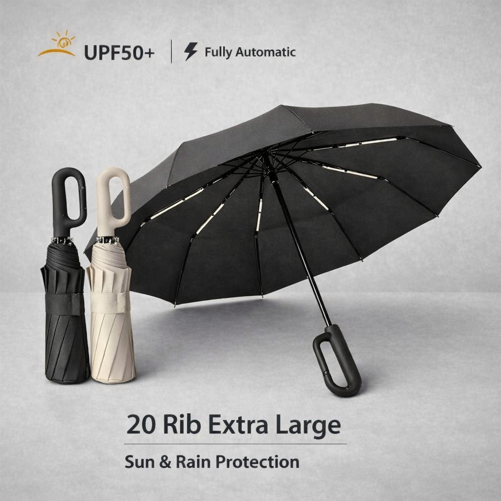 1pc 20-Rib Automatic Folding Umbrella Men Women Strong Windproof Sun Rain - NEW