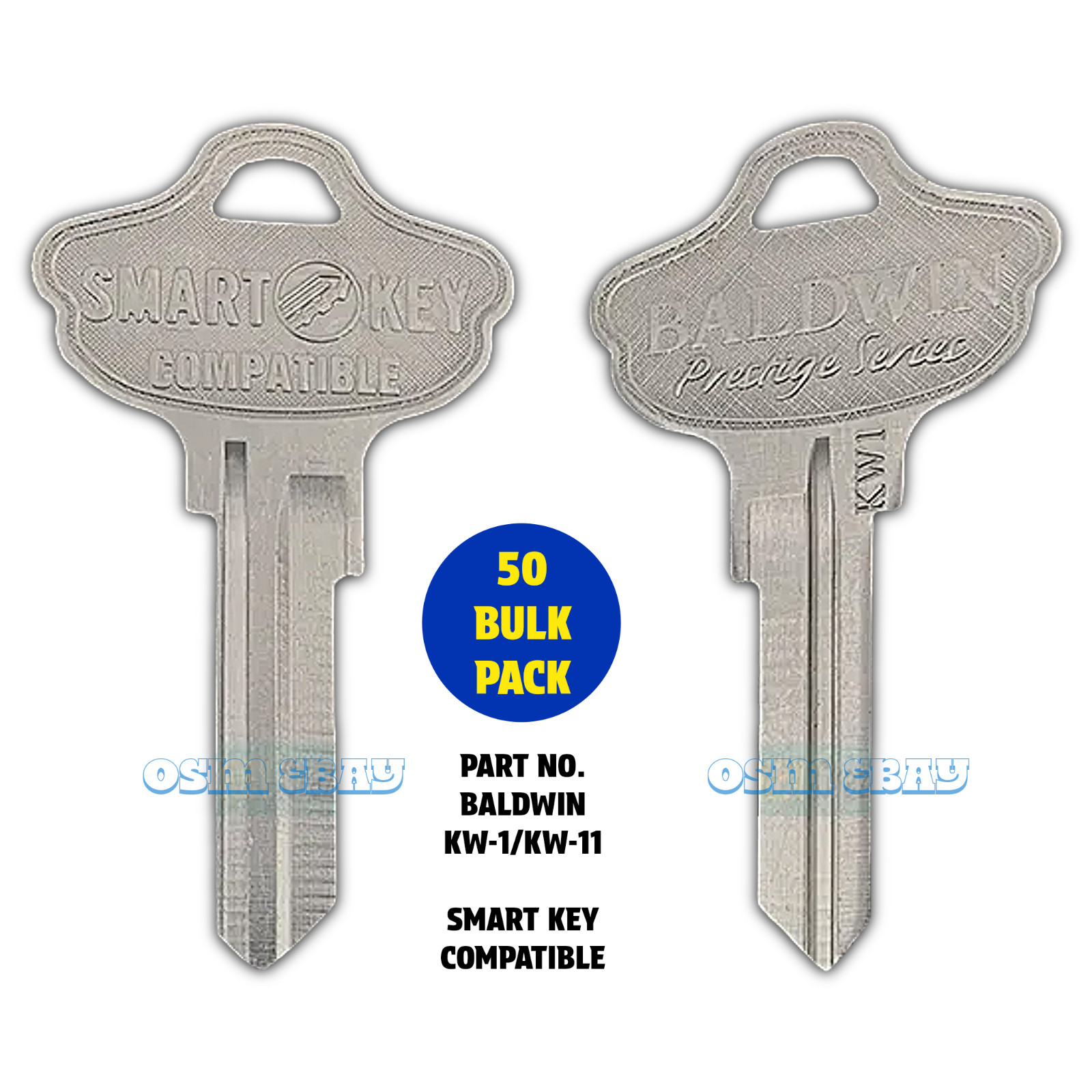 50 QTY Baldwin Uncut Key Blank with KW1 / KW11 Keyway SMART KEY Compatible