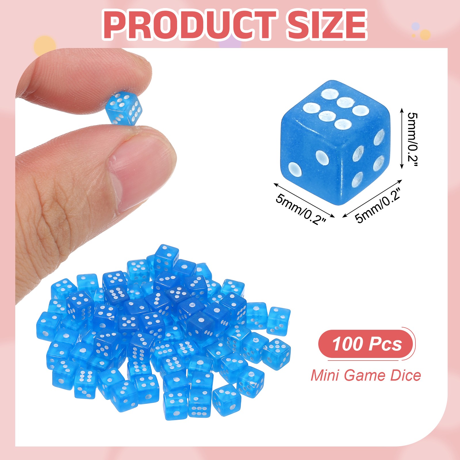 100Pcs Translucent Polyhedral Dice 5mm 6 Sided Square Corner Dice, Blue