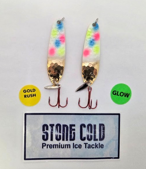 2 Hot Glow Wonder Bread  Gold Flutter Ice Spoons  Walleye 1/4 oz Stone Cold USA