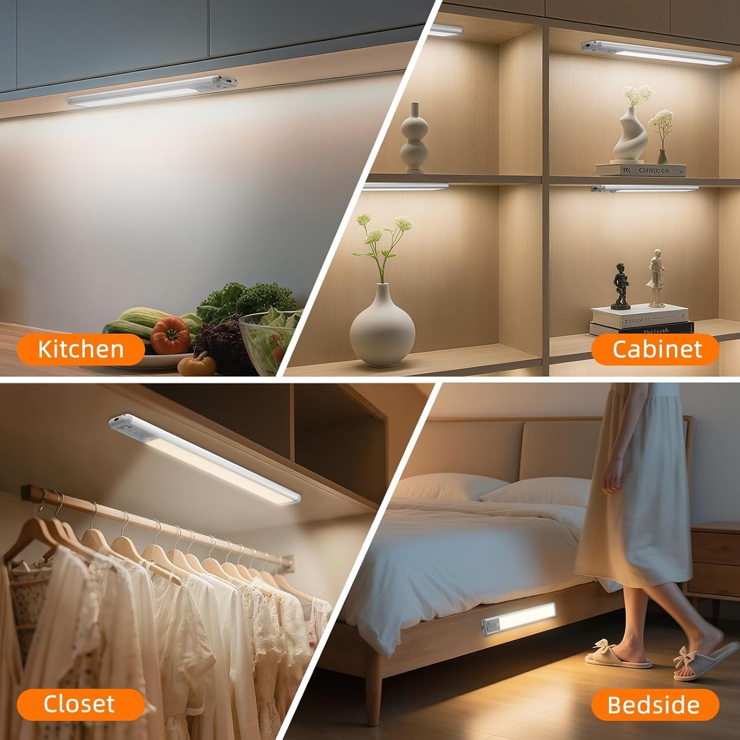 2-12 Pack LED Under Cabinet Lights, Rechargeable Motion Sensor, 3 Color Dimmable