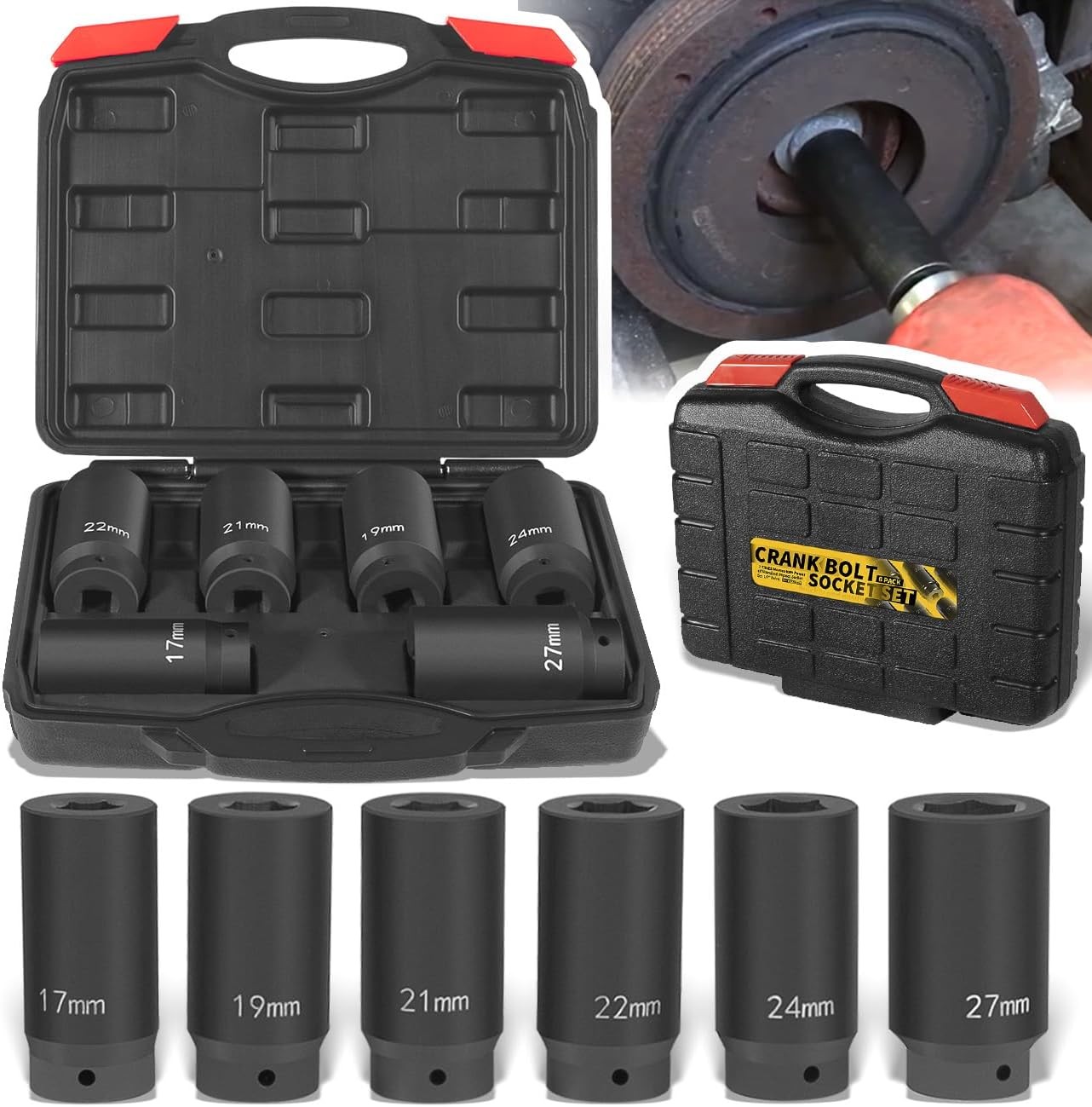 6 Pack 1/2�� Drive Crank Bolt Socket Set 17mm 19mm 21mm 22mm 24mm 27mm Harmonic