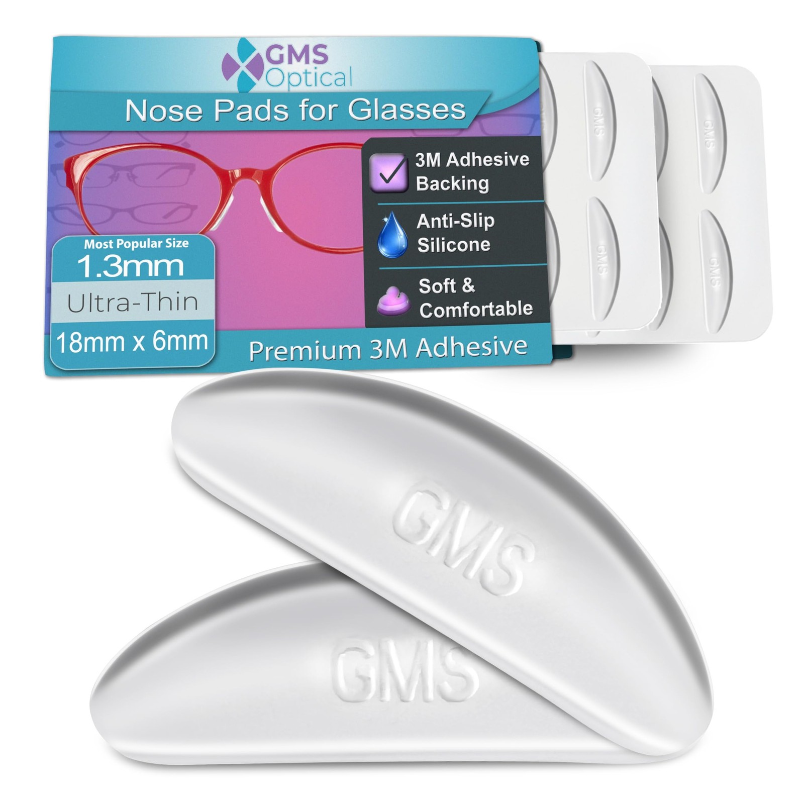 GMS Optical Adhesive Silicone Nose Pads for Glasses |1.3mm Ultra-Thin, 18mm L...