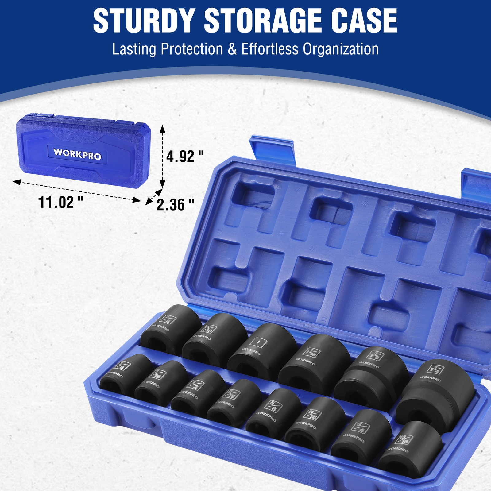 WORKPRO 1/2” Drive Shallow Impact Socket Set, SAE Cr-V Steel 6-Point Socket Set