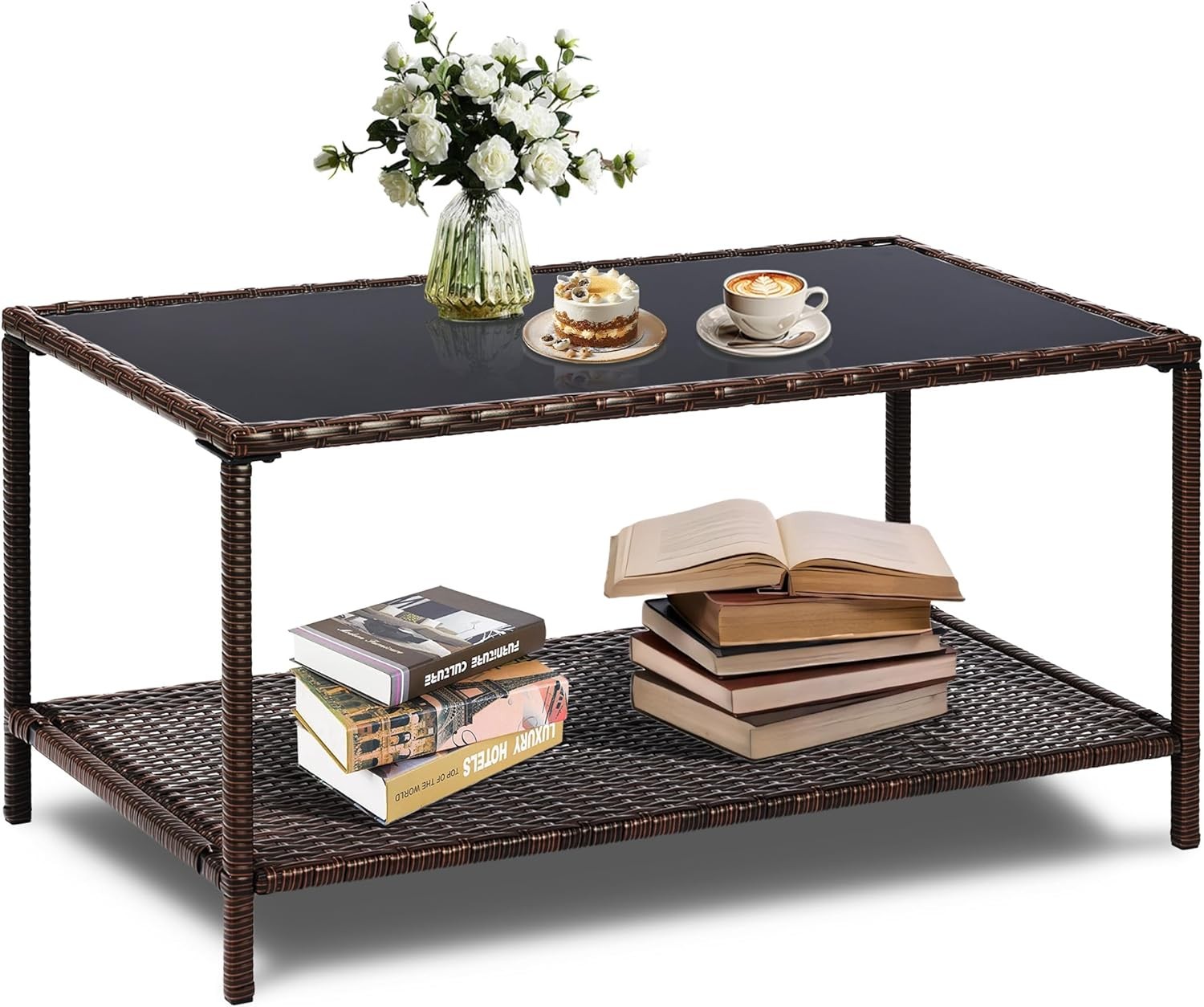 Outdoor Rattan Coffee Table 36’’ All-Weather Wicker Patio Side Tables W/ Glass