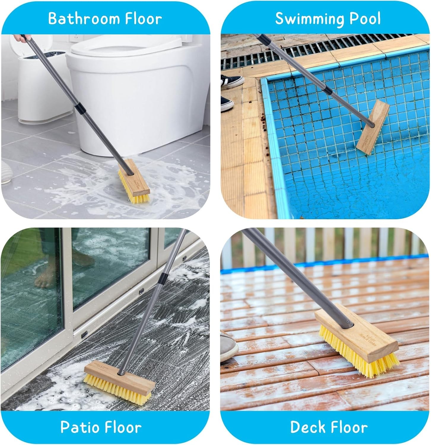 Floor Scrubber Brush with Long Handle for Deck Cleaning, 52'' Stiff Yellow