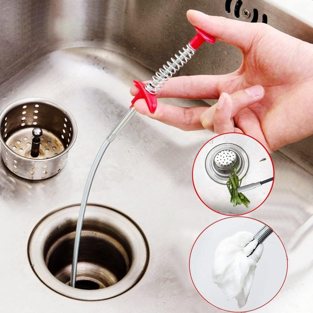 Flexible Claw Grabber Pickup Tool with 4 Claws, Drain Snake Hair Silver, red