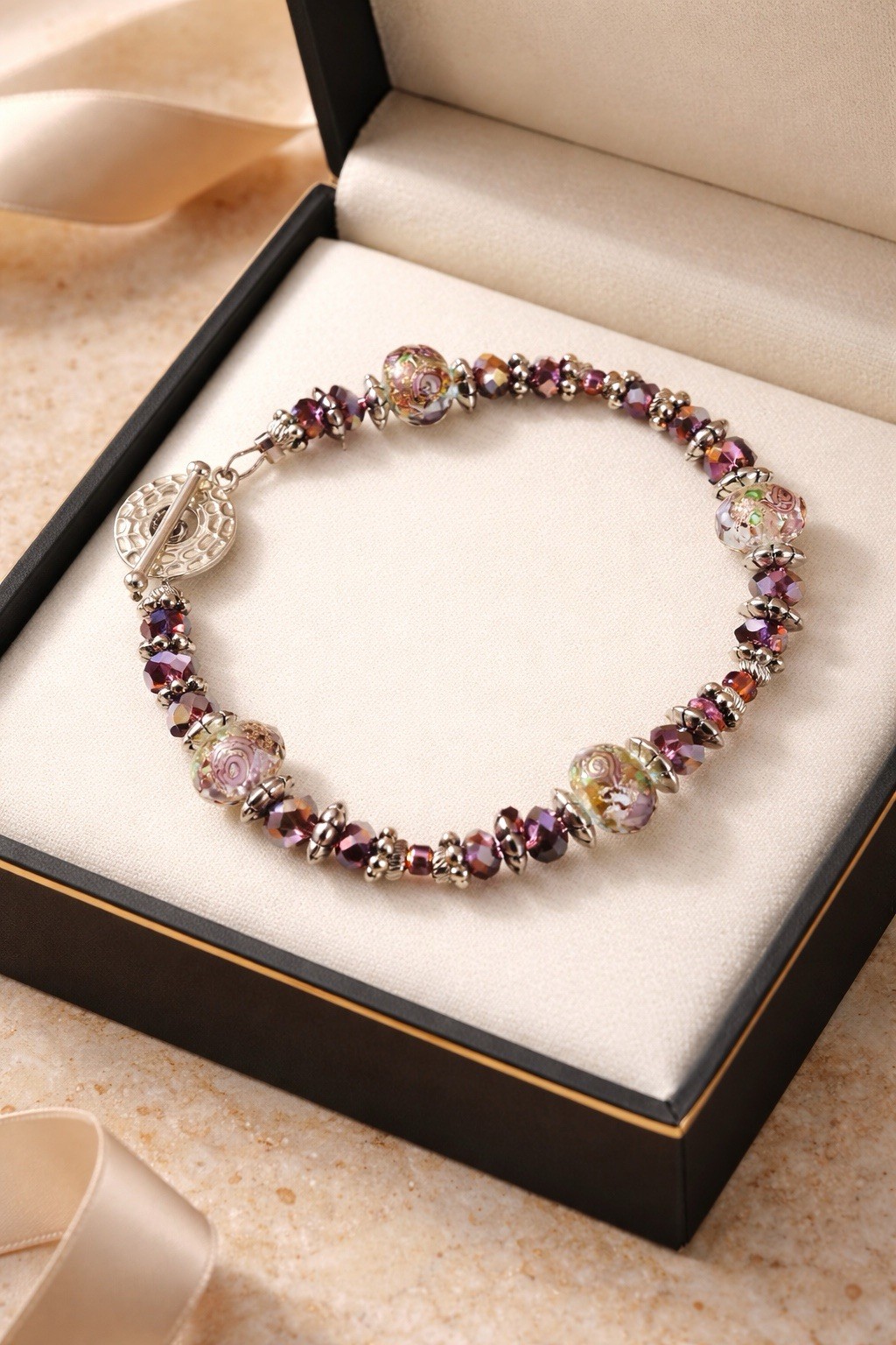 Elegant Czech Crystal & Amethyst Purple Beaded Toggle Bracelet Handmade on Wire