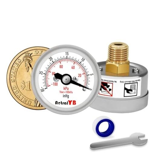 Mini Vacuum Pressure Gauge,Stainless Steel Housing,Brass Internal,1.2 -30INHG-0