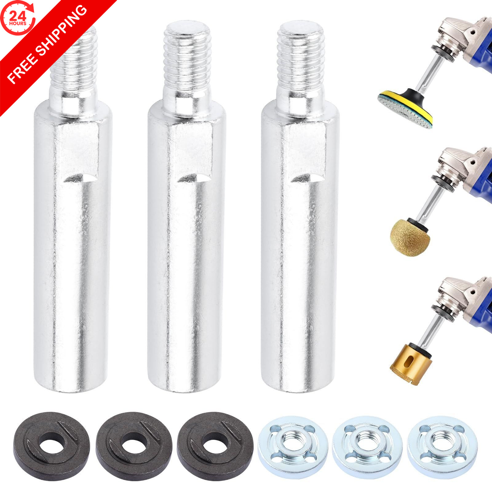 Angle Grinder Extension Rod, 3/8" (Metric M10) Thread, 3 Pcs Silver