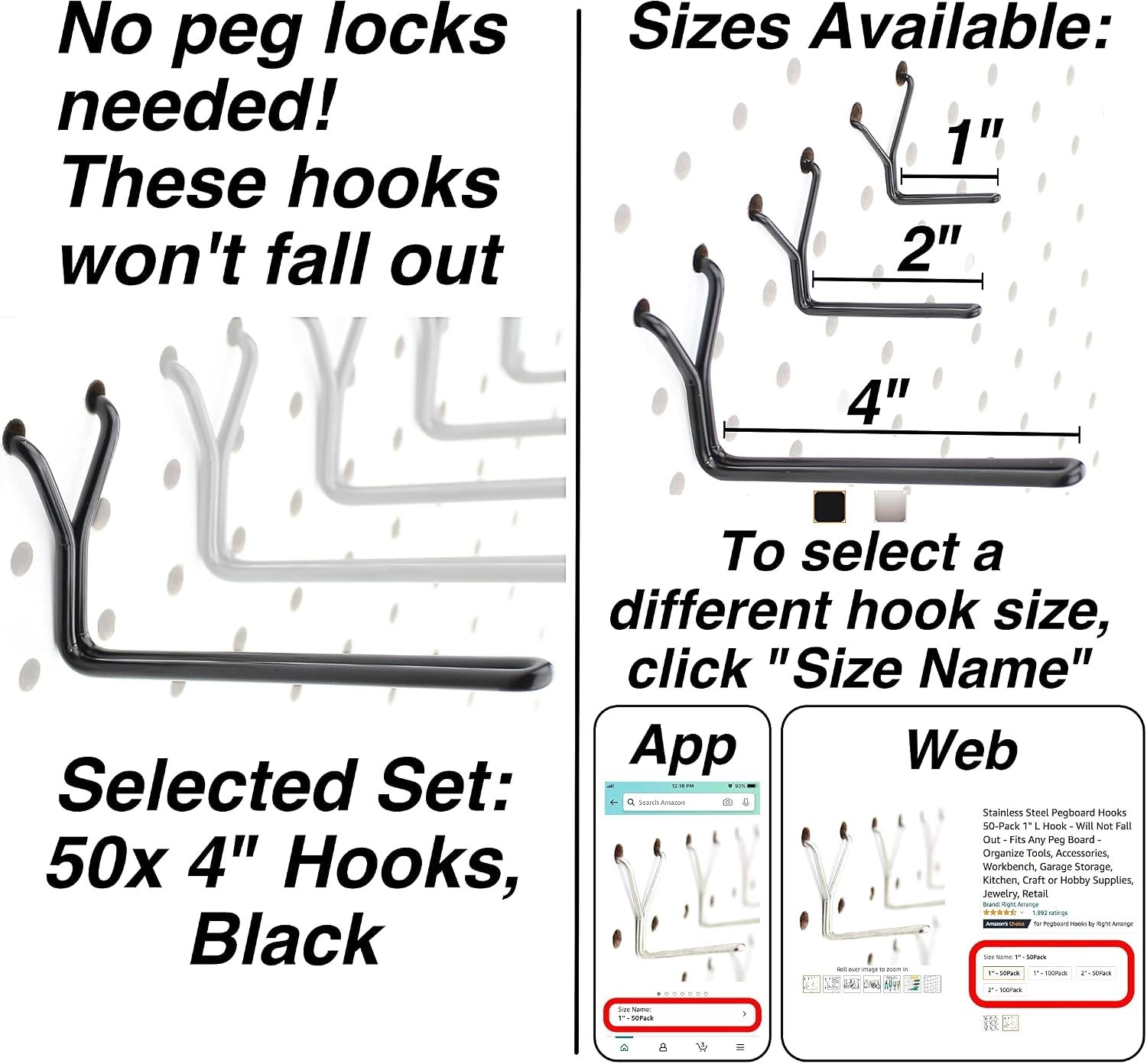 Multipurpose Pegboard Hooks 4" L - 50 Pack