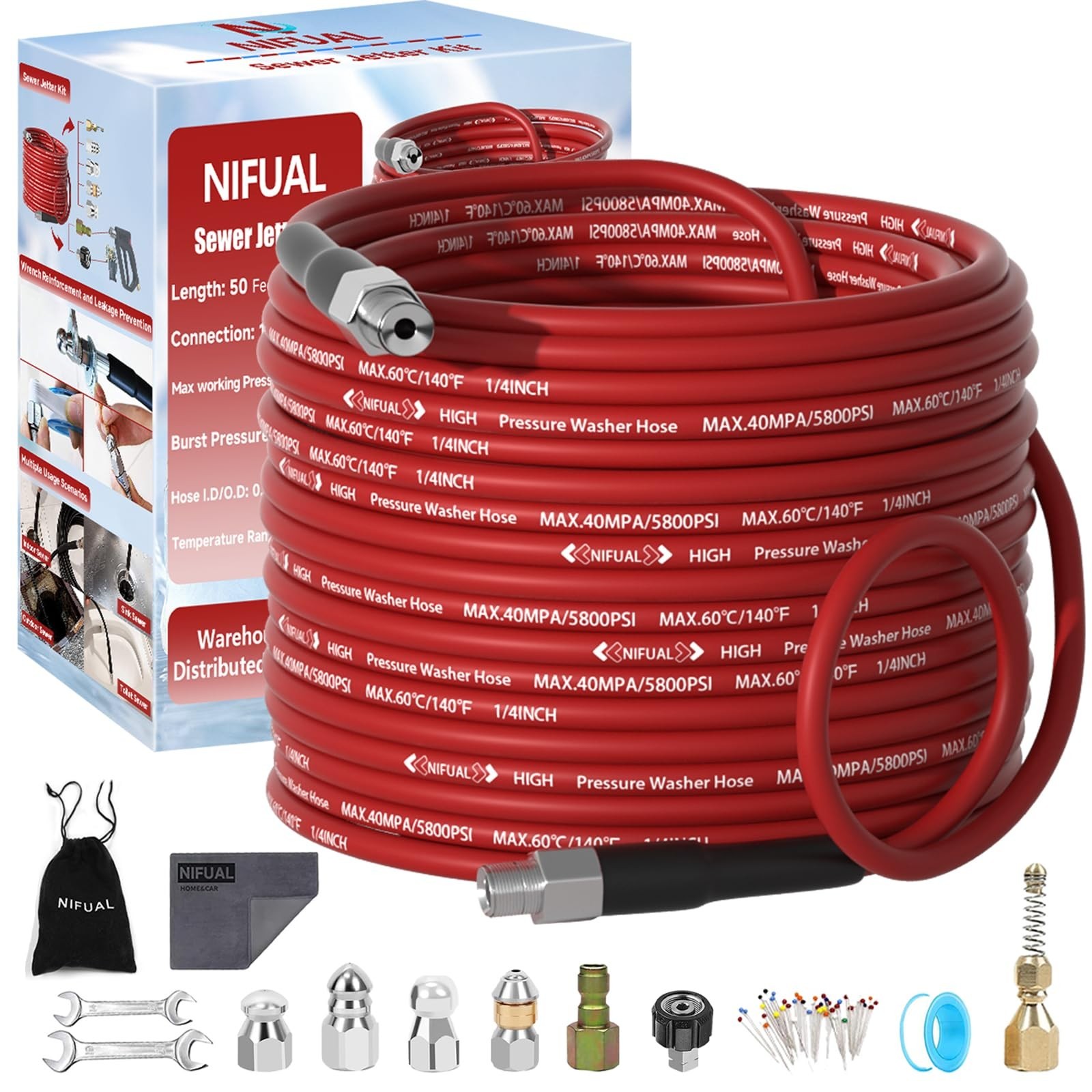 NIFUAL Sewer Jetter Kit for Pressure Washer,50FT 5800PSI Pressure Drain Clean...