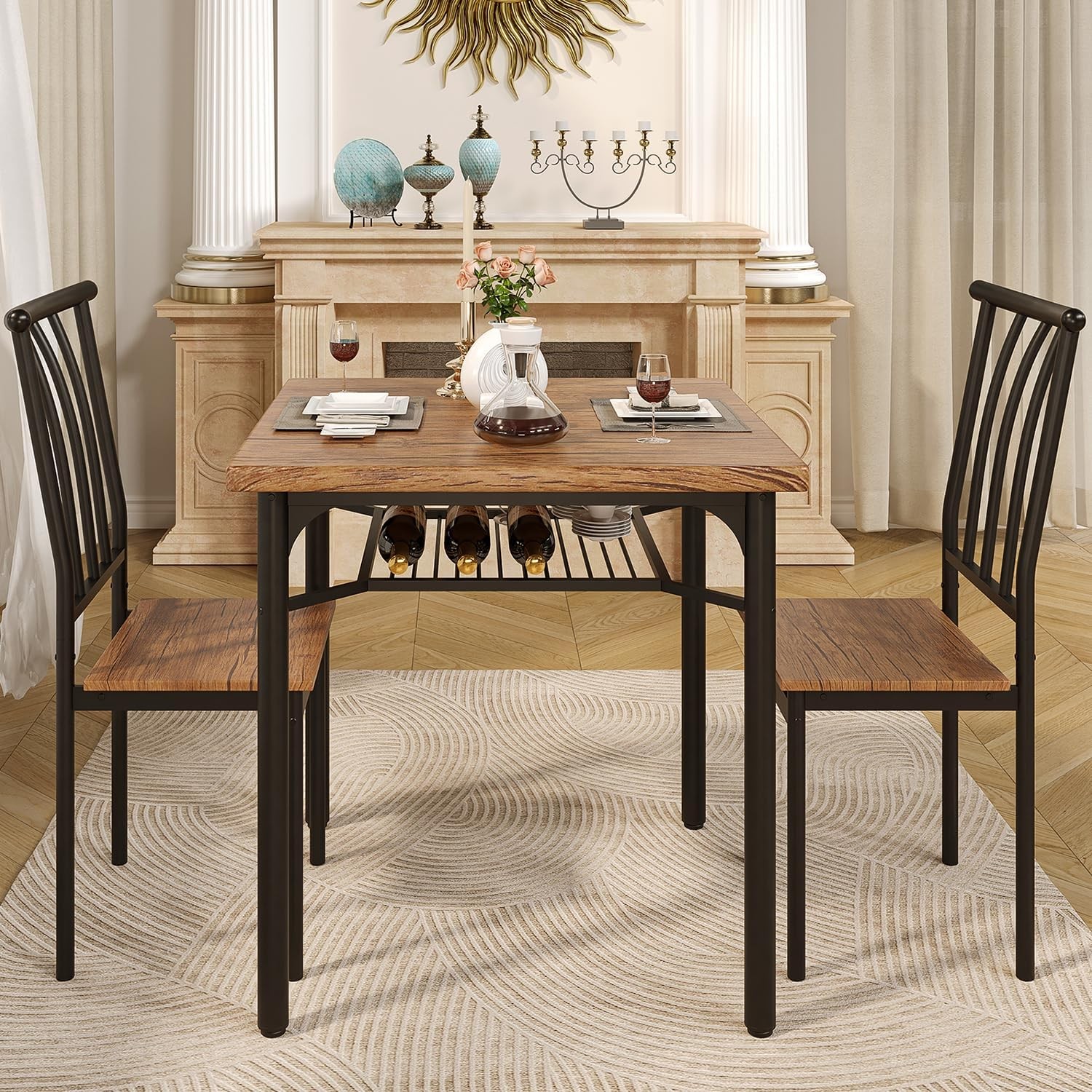 Dining Table Set for 2,3-Piece Kitchen Set w 2 Chairs&Wine Rack for Small Spaces