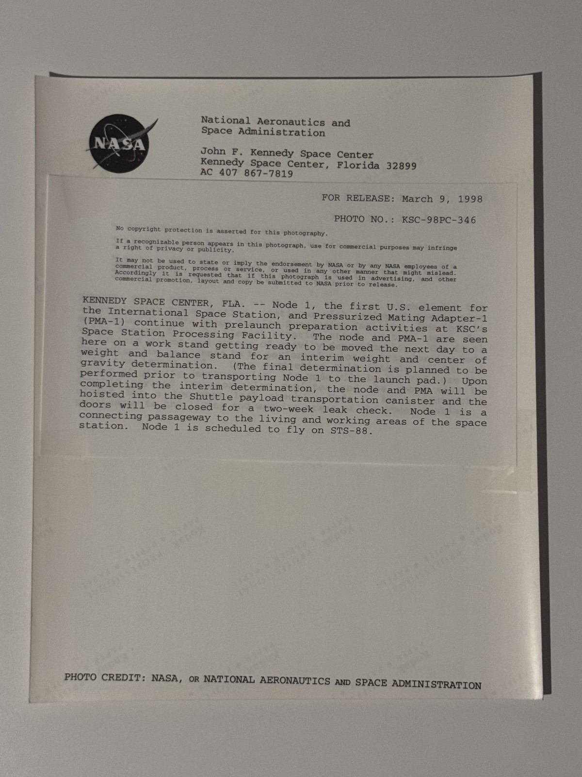 NASA STS-88 Node 1 Unity Element Prelaunch Processing Press Photo
