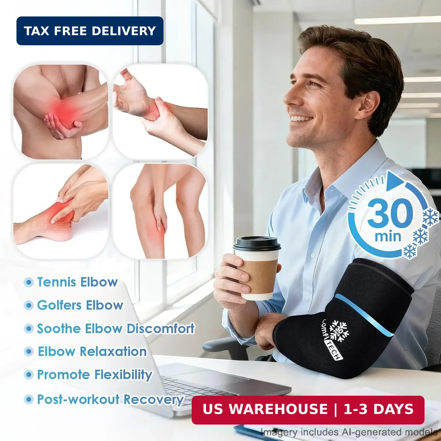 ComfiTECH Dual-Gel Elbow Ice Pack Wrap for 30-Minute Cooling & Injuries, Reusabl
